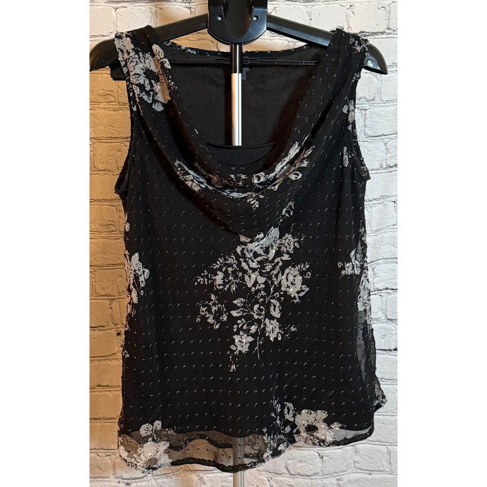 Covington Black White Floral Cowl Neck Sleeveless Blouse XL Layered Sheer Top